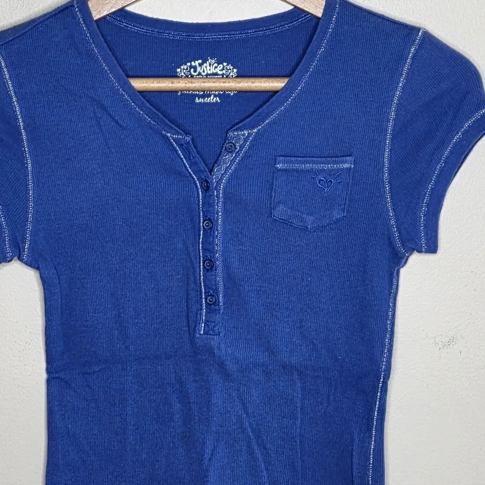 Y2K Justice Blue Short Sleeve Ribbed Henley Shirt Silver Stitching Girls Size 14